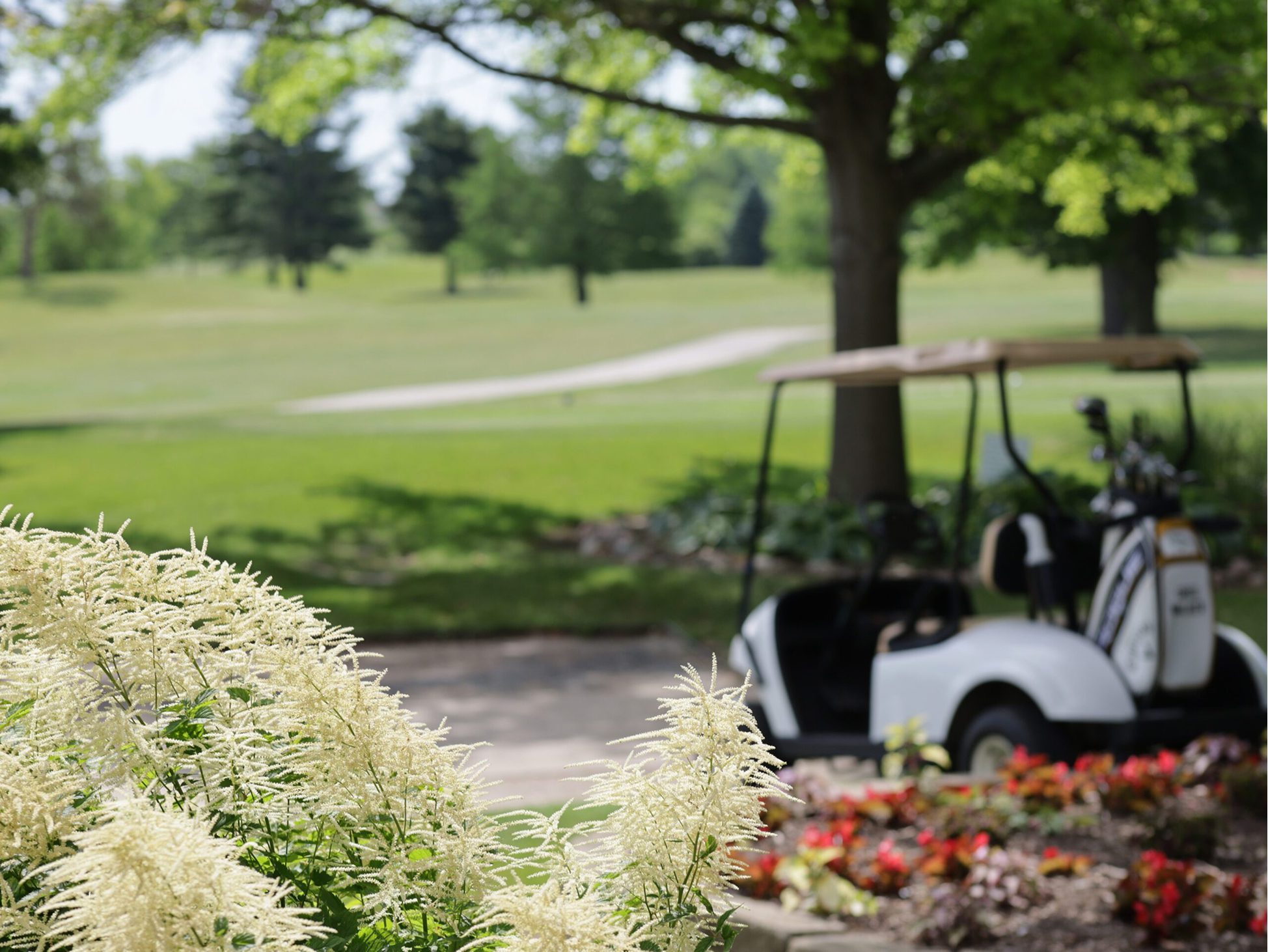Golf course with cart and flowers