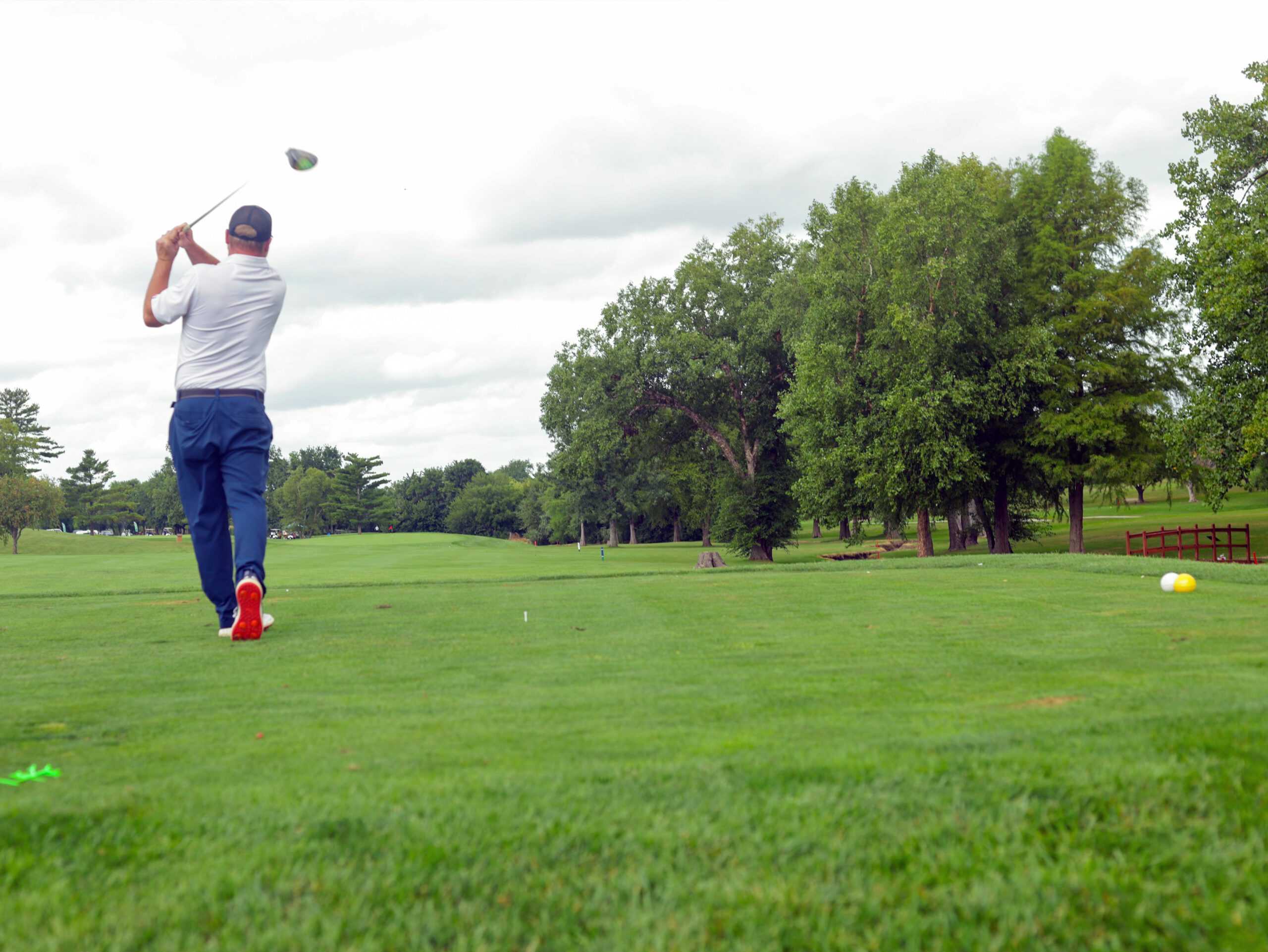Golfer swinging on lush green course