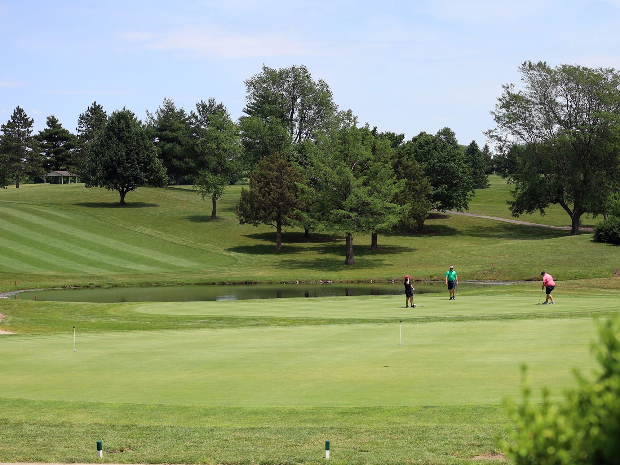Golfers putting near a pond.